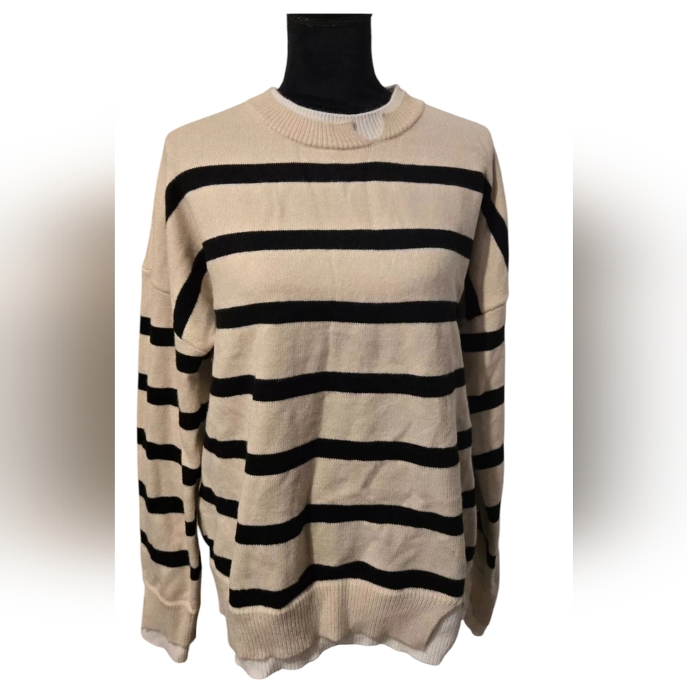 Made with Love Knit Striped Sweater Black Beige White Layer Look Size XXL NWOT